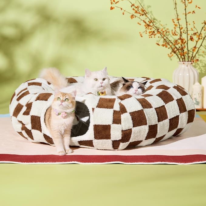 Lesure Donut Cute Jacquard Large Cat Tunnel Bed Kitten Toys for Dog Bunny | 39.5x39.5x10in,Round Large Cat Bed Tube for Multi Kittens,Pet Peekaboo Cave Toy,Spiral Hideaway,Washable Cushion,Brown Checks - Image 6