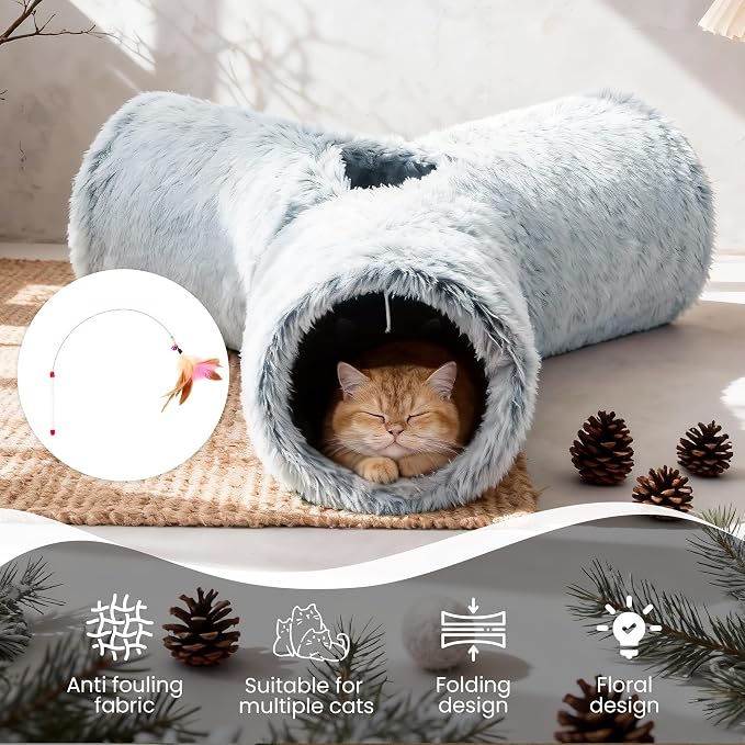 Tempcore Plush Cat Tunnel for Indoor Cats, 3 Way Collapsible Pet Play Tunnel with Teaser Wand, Peek Holes & Hanging Ball, Interactive Tube for Kittens & Rabbits, Light Grey - Image 6