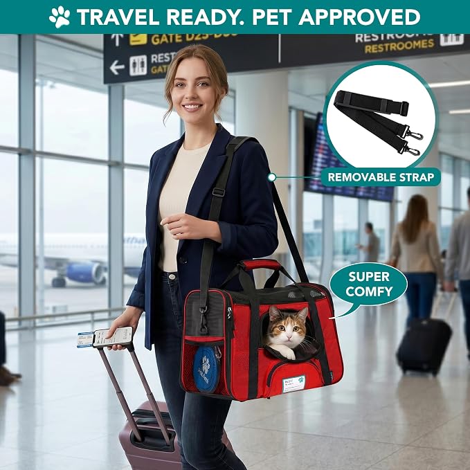 PetAmi Airline Approved Pet Carrier for Cats & Small Dogs, Small, Red | Soft Sided TSA Travel Bag, Sherpa Bed, Breathable Mesh Ventilation, Collapsible Bowl, Fits Under Seat, Up to 18 lbs - Image 5