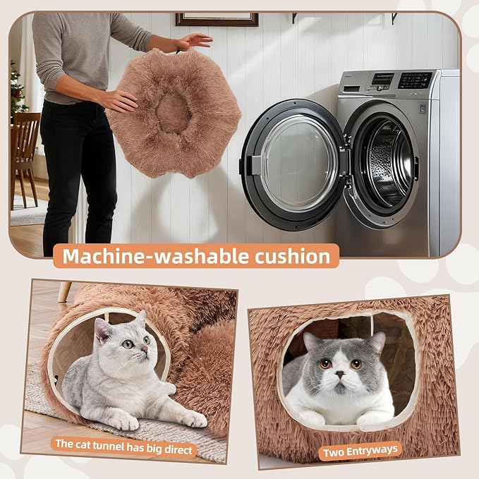 Cat Tunnels for Indoor Cats, Donut Tunnel Toys for Cats - Brown | Washable Circle Cushion, 3-in-1 Foldable Playground & Cozy Cave Bed for Kittens, Puppy, Rabbits, Ferret - Image 5