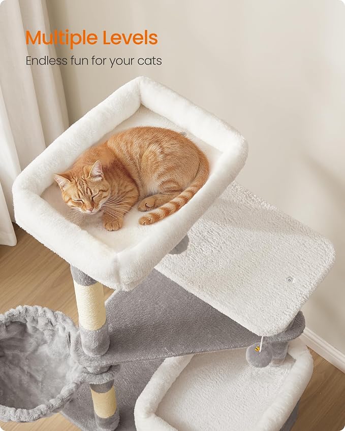 Feandrea Cat Tree Indoor, 60" Multiple-Level Plush Cat Tower, Dove Gray | 2 Caves, 3 Steps, 3 Scratching Posts, 3 Ball Toys, Cat Condo House for Large Adult Cats, UPCT007G01 - Image 4