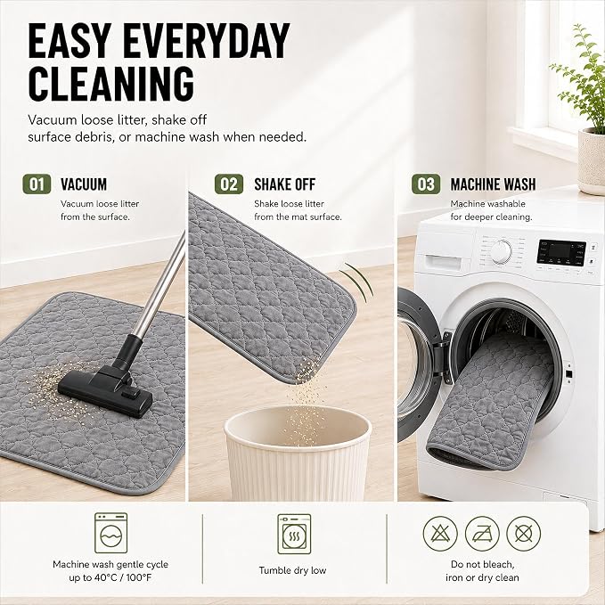 2-Pack Washable Cat Litter Mats, 30 x 20 in, Black/Grey | Absorbent quilted layers with PU barrier, paw-print silicone grip, 2 pockets and 6 empty cotton pouches; catnip not included. - Image 7