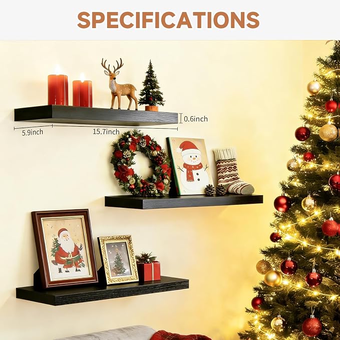 Easy Install Floating Shelves, Wall Mounted Wood Shelf,15.7 Inch | Hanging Shelf for Home Decor, Books and Storage, Small Organizer for Bedroom, Bathroom, Kitchen,Easy Floating Shelves ,Black - Image 2