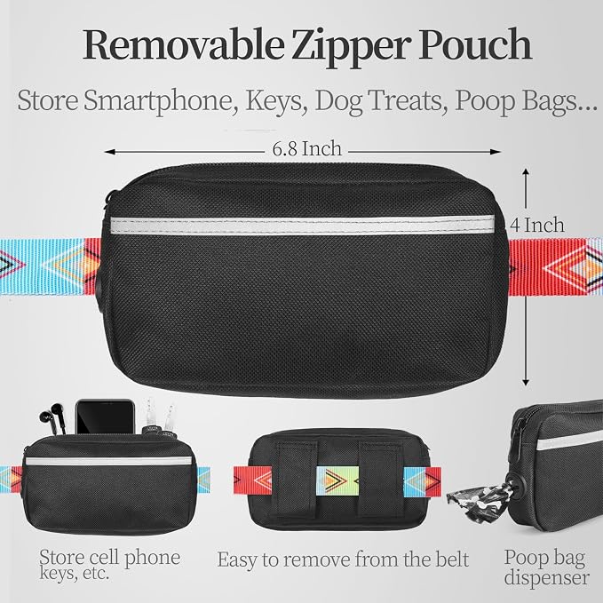 Hands Free Dog Leash with Zipper Pouch, Colorful Rhombus, Large | Waist Leash, Dual Padded Handles, Shock-Absorbing Bungee, Adjustable Waist Belt, Walking and Running - Image 2