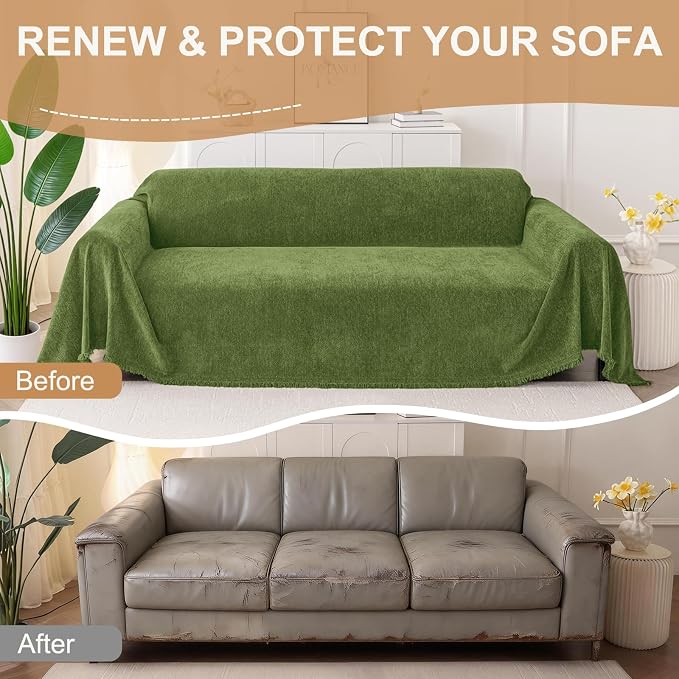Smiry Couch Cover for Dogs, Chenille Sofa Covers for 3 Cushion Couch | Washable Soft Sofa Slipcover for Pets, Thick Sectional Furniture Protector with Tassels (Green, 88.5x134 Inch) - Image 8