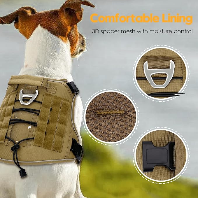 Heavy-Duty Tactical Dog Harness for Large Dogs, No Pull Adjustable Reflective Pet Vest with Molle System, K9 Military-Grade Control for Service Training, Outdoor & 10+ Breeds, Khaki, Large - Image 2