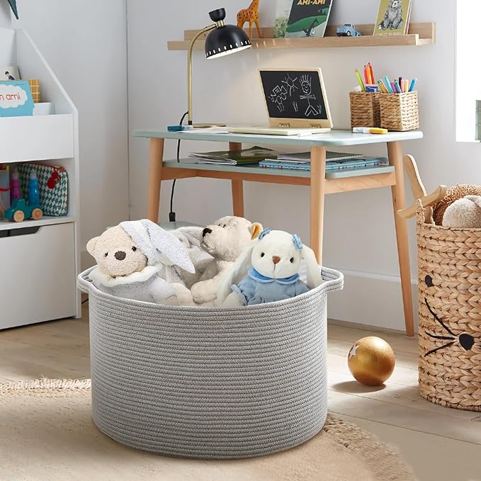 MEGASKET Extra Large Grey Storage Basket, 22" X 22" X 14" XXXL Blanket Basket for Living Room, Gray Wicker Woven Cotton Rope Baskets for Storage, Kids Toy Baskets Bins, Decorative Pillow Towel Basket - Image 4