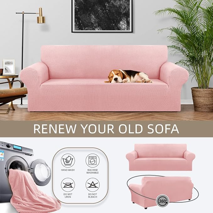KEKUOU Stretch Couch Covers for Sofa, 3 Cushion Couch Slipcover,Dusty Pink | 1-Piece Washable Sofa Cover Pet Friendly(78"-94") Furniture Protector Soft Jacquard, Elastic Bottom for Dogs & Kids - Image 3