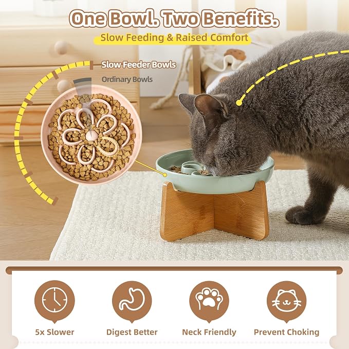 Elevated Slow Feeder Cat Bowl - Melamine Cat Dish with Anti-Slip Bamboo Stand - Whisker Friendly Feeding Bowl - Floral Maze Food Plate for Slow Eating - Green - Image 3