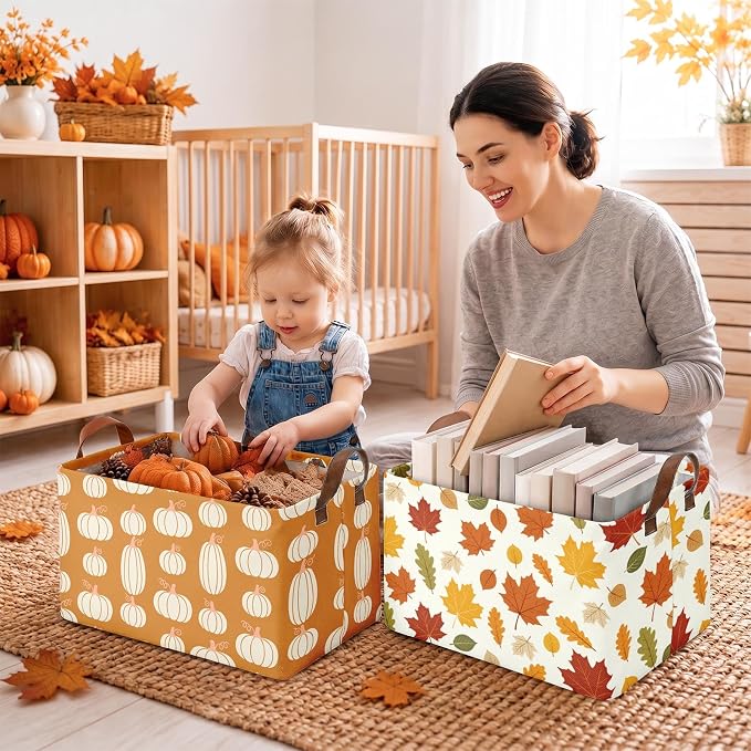 Britimes Fall Pumpkin Storage Baskets for Gift, Toy Storage Bins Box, 3Pcs | Autumn Harvest Canvas Collapsible Baskets Organizer with Handles Fall Nursery Decor Laundry Basket for Shelves Closet - Image 7
