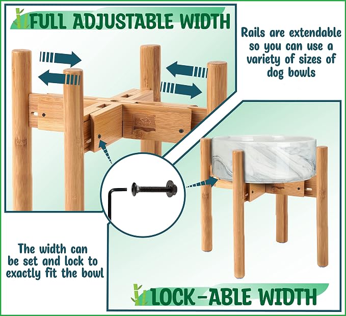 Dog Bowl Stand for Mid-Large Dogs - Adjustable, Easy Fold-Down | Use to Elevate Raise Dog Food, Water and Slow Feeder Bowls, Lock-Bolts and Tool Added, Foot-Padded, Bamboo Stand Only - Image 4