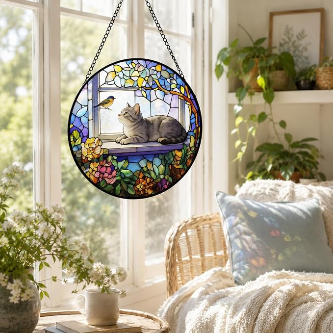 Stained Glass Cat Window Suncatcher, Cat on Windowsill Sun Catcher, Colorful Pet Lover Window Decor Gift - Image 8