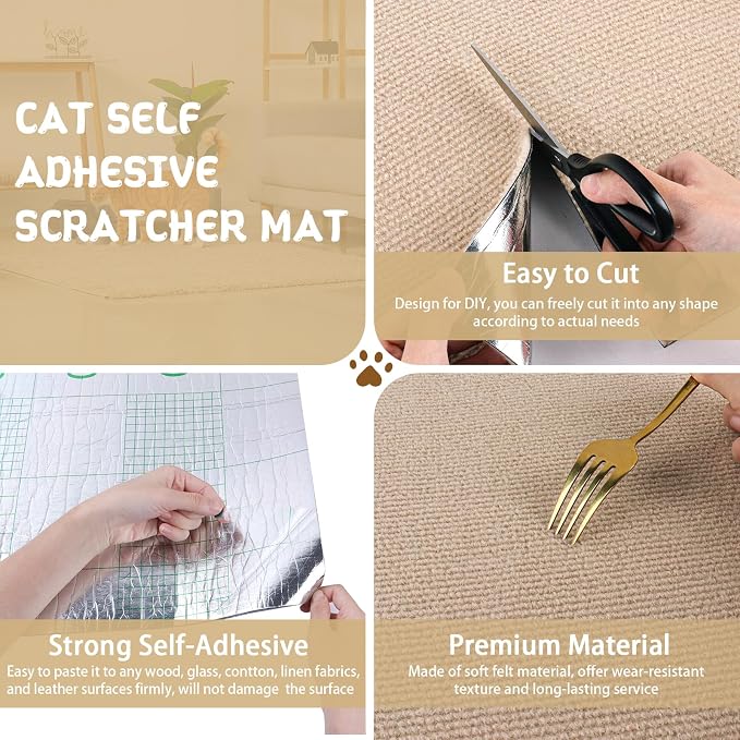 LSGCQ Cat Scratch Mat Self Adhesive Cat Scratch Furniture Protector | Self Adhesive Cat Scratching Mat Replacement for Cat Tree Post Couch Wall Furniture Protector (39.3" x 15.8", Beige) - Image 3