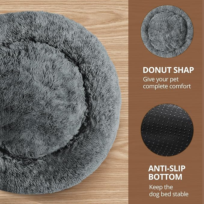 JOLLYVOGUE Calming Small Dog & Cat Bed for Indoor Cats - 20 inches Washable Donut Bed for Kittens & Puppies, Anti-Anxiety Round Fluffy Plush Pet Beds (Fits up to 15 lbs, Navy Grey) - Image 3