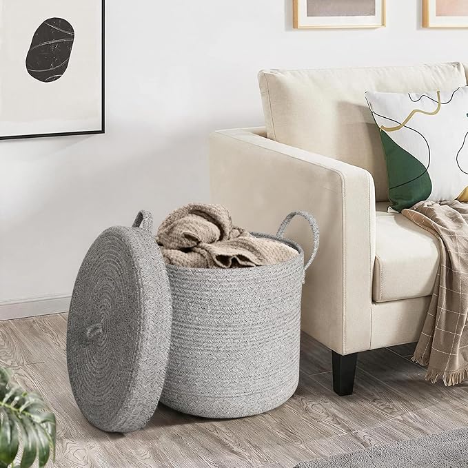 15”x13” Storage Basket with Lid, Blanket Storage for Living Room, Woven Cotton Rope Bin with Cover, Kids Dog Toy Box, Baby Laundry Basket with Lid, Covered Blankets Pillows Holder, Gray - Image 7