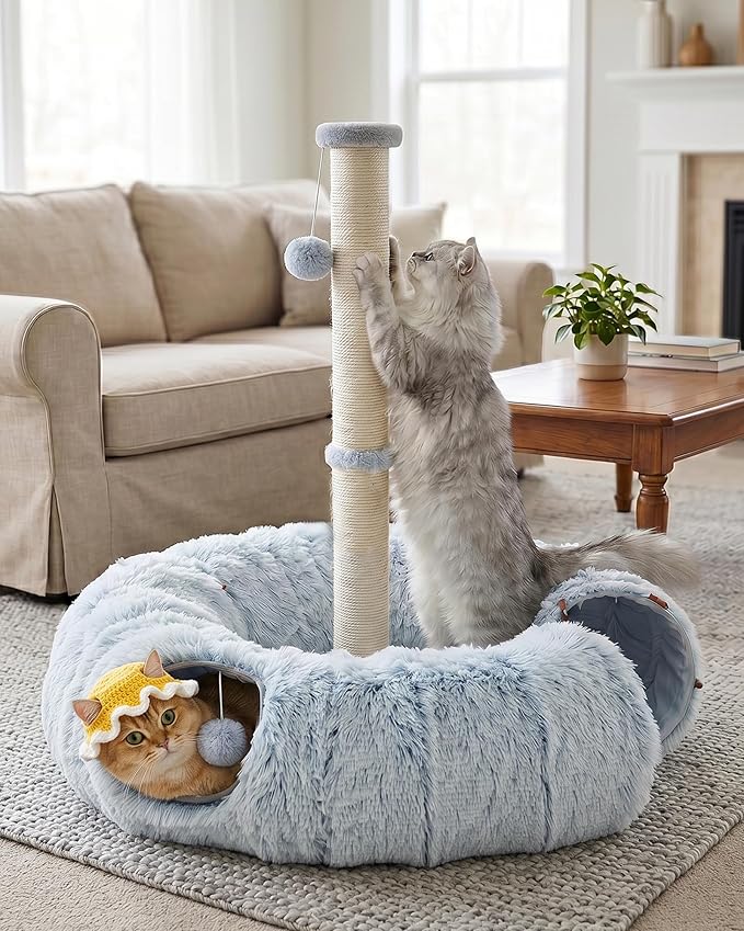 Aechonow 3-in-1 Cat Tunnel Bed, 34'' Cat Scratching Post for Indoor Cats | Fluffy Peekaboo Donut Hideout Toy for Pets, Rabbit, Ferret - Image 8