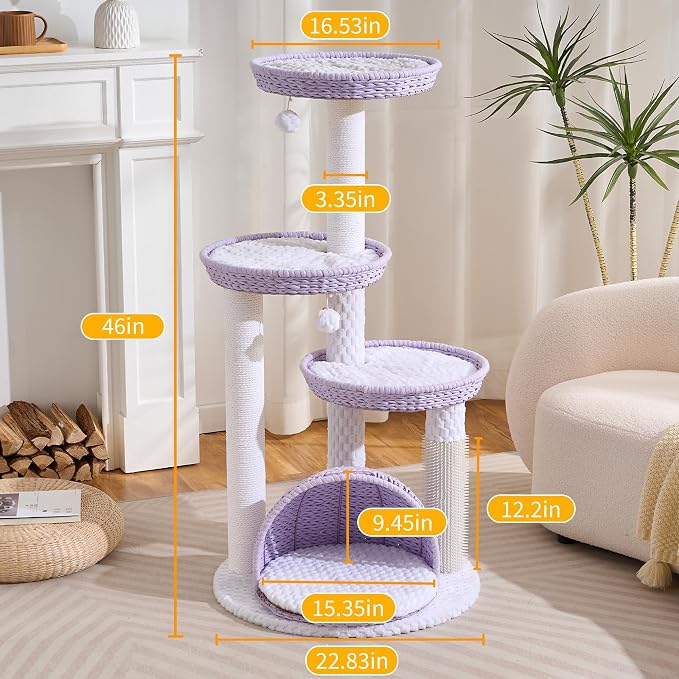 Modern Cat Tree Tower with Scratching Post, 46 Inches Tall Cat Towers with Woven Cat Nests and Cave, Multi-Level Cat Tree With Removable Cushions and Massage Brush for Indoor Cats Large Adult. - Image 8