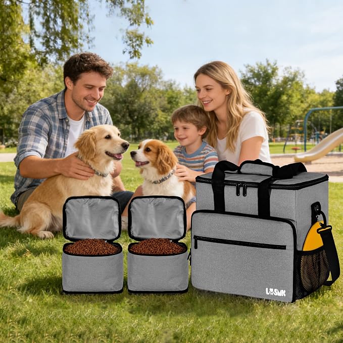 Dog Travel Bag, Large Pet Travel Set with Multi-Function Pockets | 2 Food Storage Containers, 2 Collapsible Bowls, 1 Feeding Mat for Pet Supplies, Road Trip Essentials, Weekend Camping, Grey - Image 3