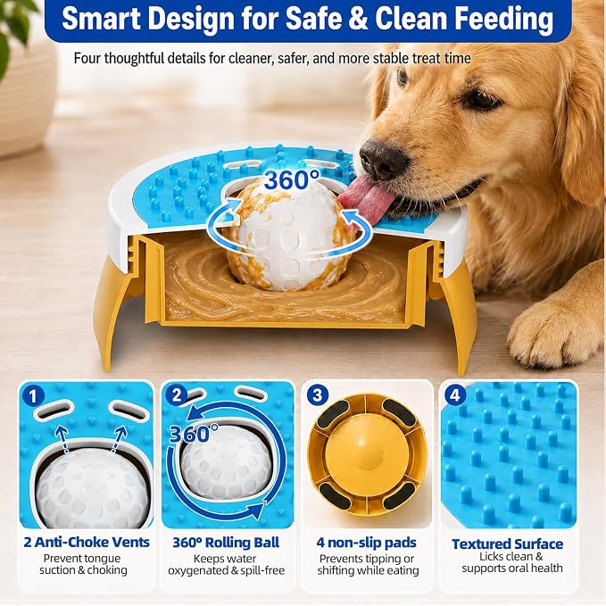KILIN Slow Feeder Dog Licking Bowl with Rolling Ball,4 Non-Slip Pads,8fl oz | Dog Enrichment Toys for Dogs with Bone Broth, Yogurt and Wet Puppy Treat, Interactive Lick Ball for Dogs with Anxiety - Image 4
