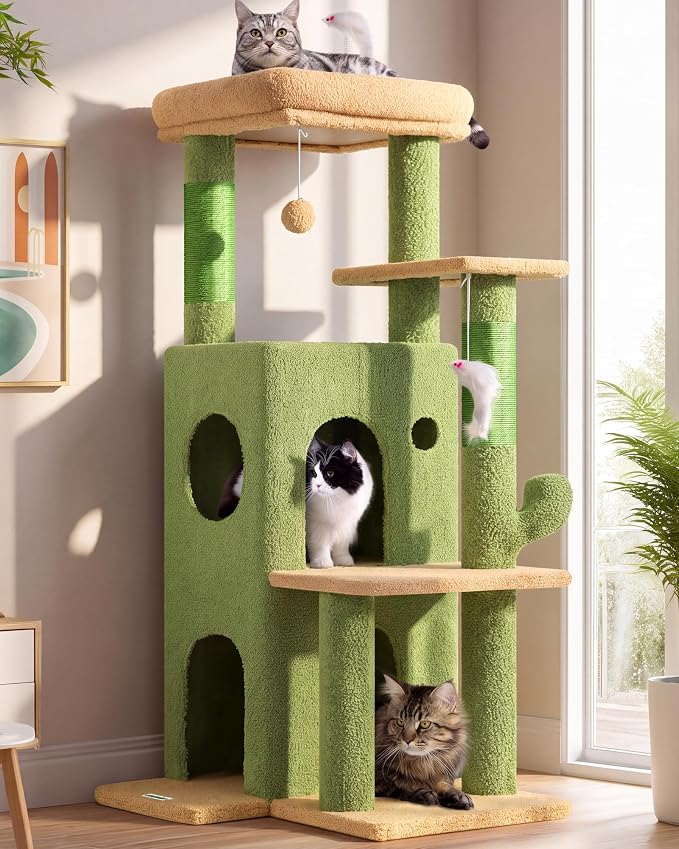 Globlazer Cactus Cat Tree Tower for Indoor Cats, 50-inch Adult Cat Tree House for Large Adult Cats with Steps, Scratching Post, 2 Cat Caves, Dangling Toys, FC50, Green by Globlazer