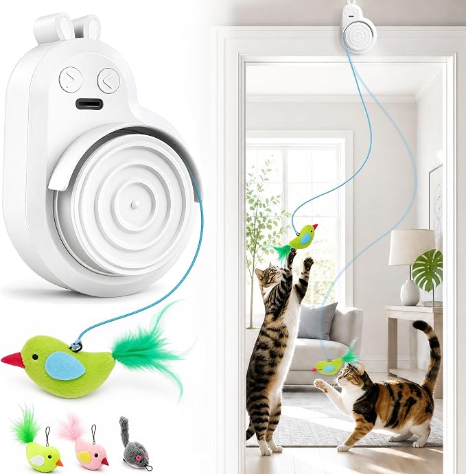 Automatic Interactive Cat Toys, Door Flying Feather Bird & Mouse for Kitten | CATPICK Electric Rechargeable Door Frame Hanging Play Chase Exercise Moving Enrichment Toy for Bored Adult Cats, White by Unknown