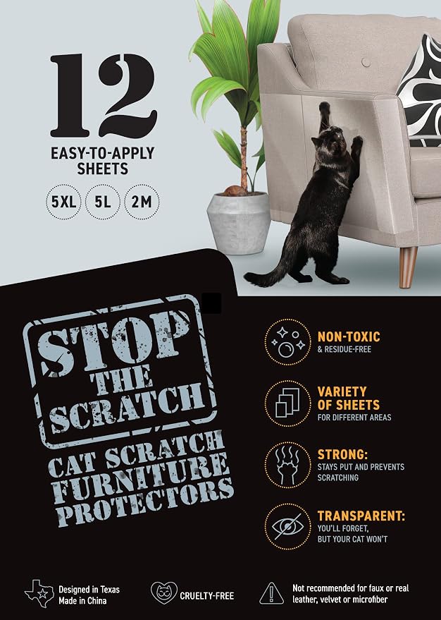 Cat Scratch Deterrent Tape – 12 Clear Anti-Scratch Furniture Sheets | Save Your Sofa Instantly — nearly invisible double-sided sheets cats avoid, peel off residue-free with no sprays or scents - Image 2