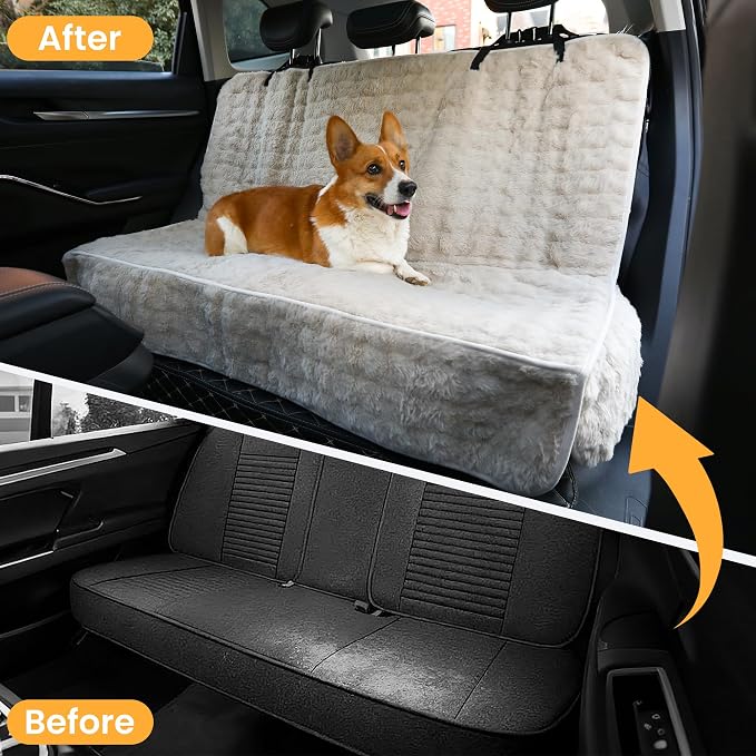 Dog Car Seat Cover, Waterproof Plush Pet Seat Protector, Beige, Back Seat | Faux rabbit fur, waterproof layer, non-slip silicone backing, side flaps, machine washable, fits most cars and SUVs - Image 4
