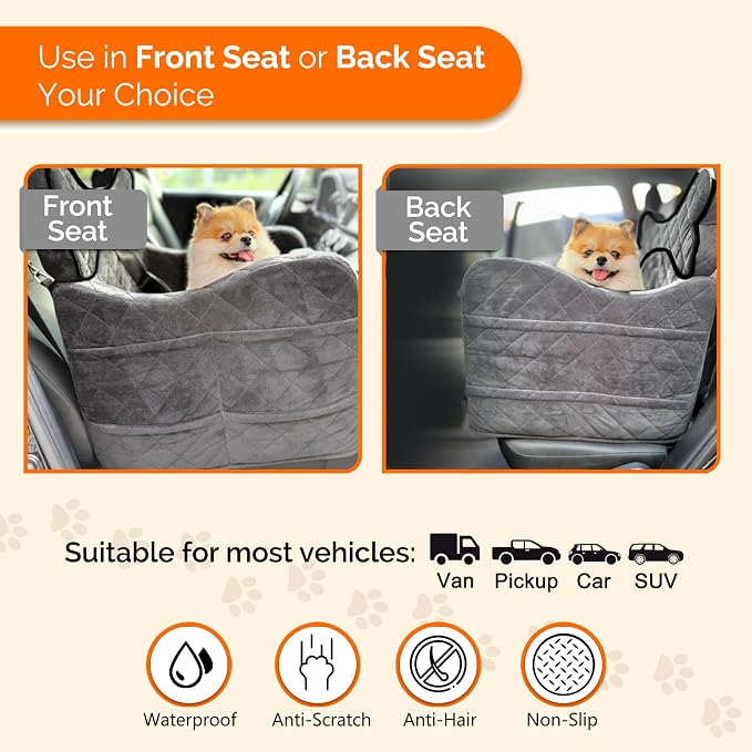 Yara’s Woofyverse Dog Car Booster Seat, Small & Medium Dogs, Stone Shadow | Fur-Lined Headrest, Adjustable Cushions, 6-Pocket Storage, Machine-Washable Cover, Portable Pet Car Seat Front/Back Travel - Image 4