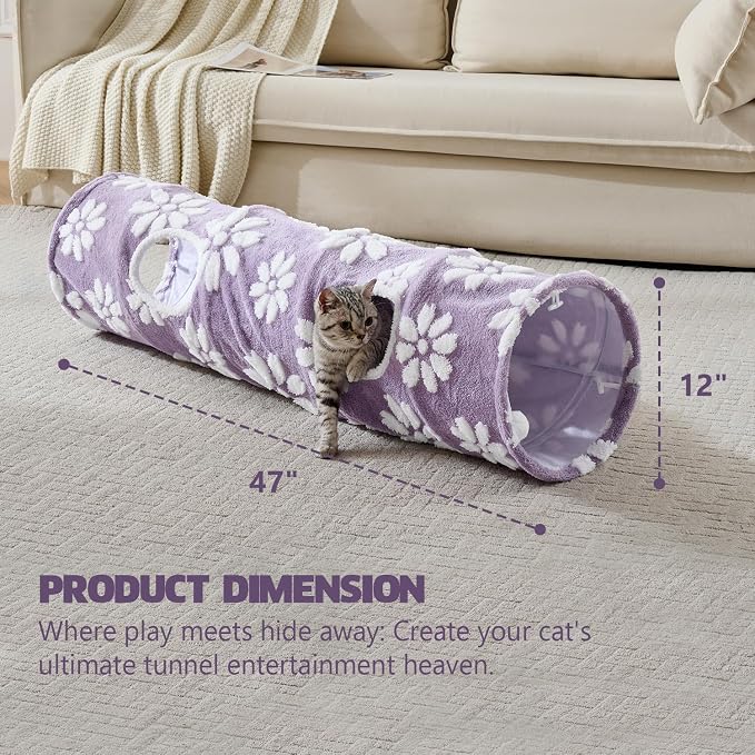 Straight Cat Tunnel for Indoor Cats 47"x12", Purple Flower | Cute Cat Toys, Collapsible Tunnel Tube with Hanging Balls for Puppy Kitten Rabbit - Image 4