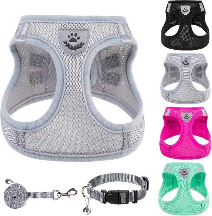 PUPTECK Adjustable Dog Harness Collar and Leash Set Step in No Pull Pet Harness for Small Medium Dogs Puppy and Cats Outdoor Walking Running, Soft Mesh Padded Reflective Vest Harnesses, Solid Grey XS | Soft Mesh Puppy Step-in Escape Proof Reflective No... by PUPTECK