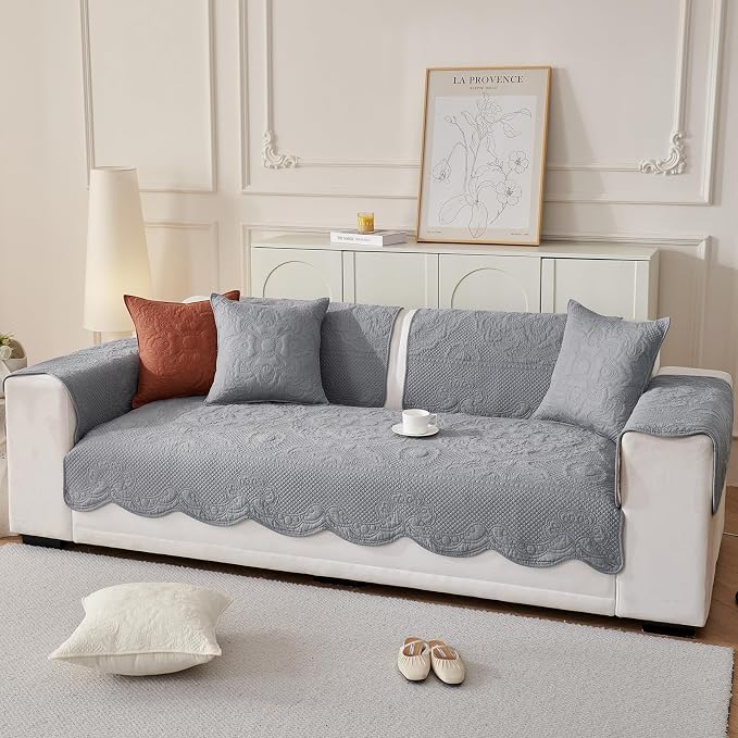 vctops Boho Cotton Quilted Couch Cover Soft Embroidered Sofa Cover Non-Slip Dog Bed Cover Scalloped Sofa Slipcover Washable Furniture Protector Cover (Light Grey,28"x59") - Image 4