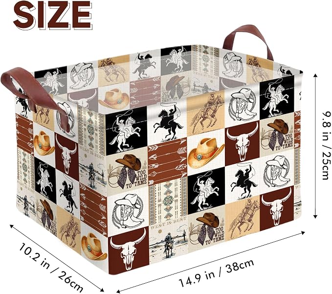 Western Cowboy Storage Basket Waterproof Canvas Toy Storage Bin Western Home Decor Collapsible Outdoor Basket with Leather Handles Western Decor Blanket Baskets For Closets,Bedrooms,Gifts Baskets - Image 2