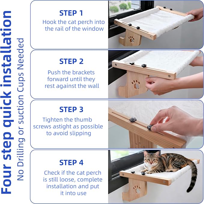 ESPETS Wooden Cat Window Hammock for Large Cats, White Kitten Window Perch | Solid Wood Window Ledge Perch, Sturdy Large Size Shelves, Soft Thick Removable Cushion, Easy Assemble Adjustable, Hold 50LBS - Image 9