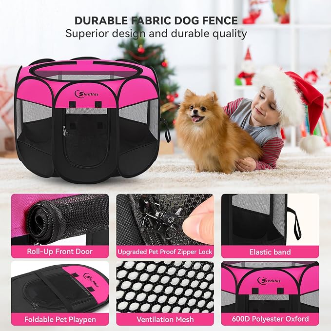 Siedihit Dog Playpen, Medium Puppy Pet Playpen, Dog Crate Tent Cage Indoor | Outdoor, Portable Pop Up Dogs Kennel Playpen with Carrying Case for Dogs/Cats/Rabbits, Hot Pink - Image 6