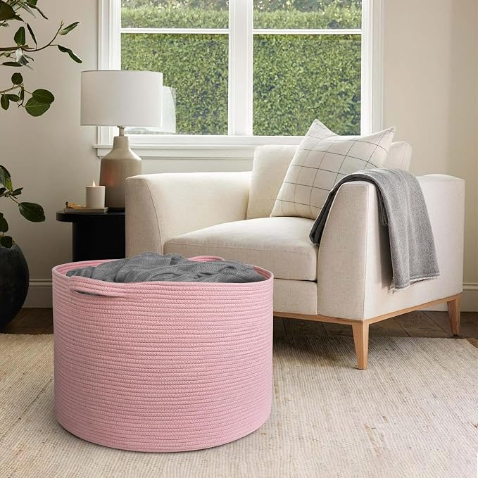 MEGASKET 115L Oversized Pink Basket, 23.6"x15.7" Woven Cotton Rope Bin with Handles, XXXL Blanket Storage for Living Room, Kids Toy Storage Bin Box, Baby Laundry Basket for Organizing, Pink Room Decor - Image 4