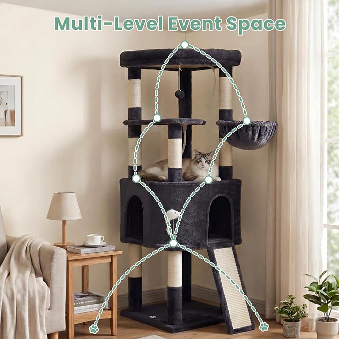 Cat Tree, 61 Inch Tall Cat Tower, Diamond-Shaped Cat Cave VCT001G | Cat Condo with Wide Top Perch & Basket, Sturdy Scratching Post, Interactive Toy for Large Indoor Cats, Smoky Gray - Image 8