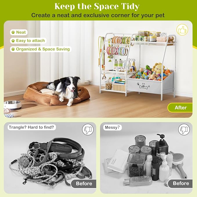 Large Dog Toy Basket with Dog Storage Organizer, Trapezoid Dogs Toy Bin Box with Collar Leash Holder Hook, Toy Holder Chest Pet Storage Cabinet for Living Room, Dogs Essentials for Pet Lovers Gift - Image 6