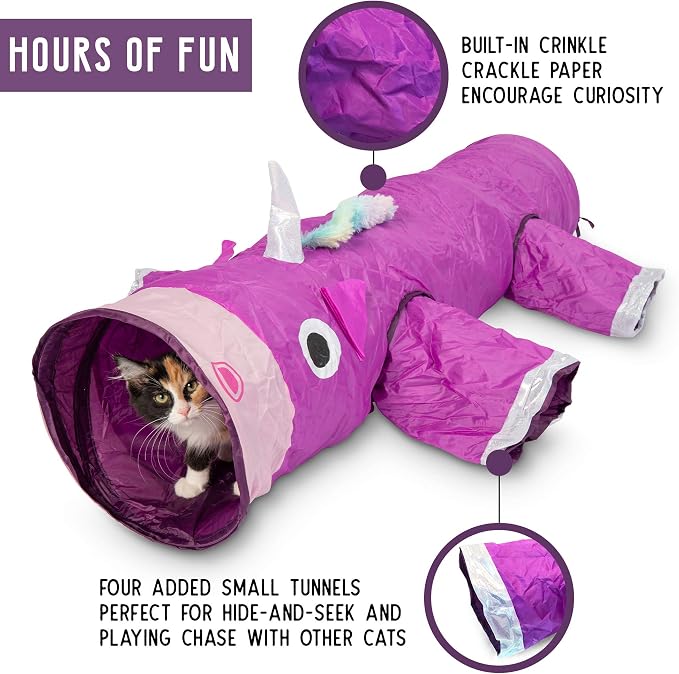 Pet Craft Supply Magic Mewnicorn Multi Cat Tunnel Boredom Relief Toys with Crinkle Feather String for Dogs, Cats, Rabbits, Kittens and Guinea Pigs for Hiding Hunting and Resting - Image 4