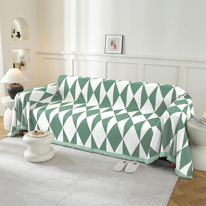 Couch Cover for Sofa, Boho Sofa Cover Washable Couch Cover for Dogs, Pet Sofa Cover for 1-Cushion Couches with Tassel Furniture Protector Cover,71" x 91",Pea Green-Diamond - Image 2