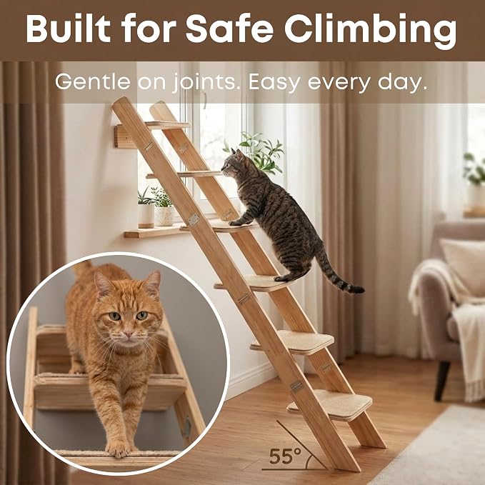 65" Tall 6-Level Cat Ladder for Window & wall | Fits Cats up to 20 lbs |Senior & Less Agile cat Stairs for Window with 55° Gentle Incline | Requires 43" Floor Clearance | No-Drill Glass Installation - Image 5