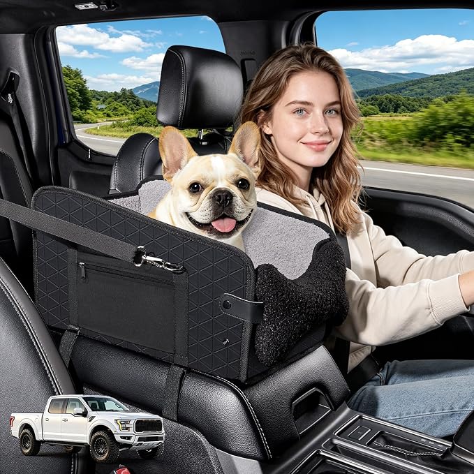 YJGF Center Console Dog Car Seat,Pet Car Seats for Small Dogs,Under 30 lbs | for Full Size Truck,Soft Padding and Pillow,Safety Belt, PU Leather,Portable Puppy Booster,More Space,Portable Puppy Carrier by YJGF