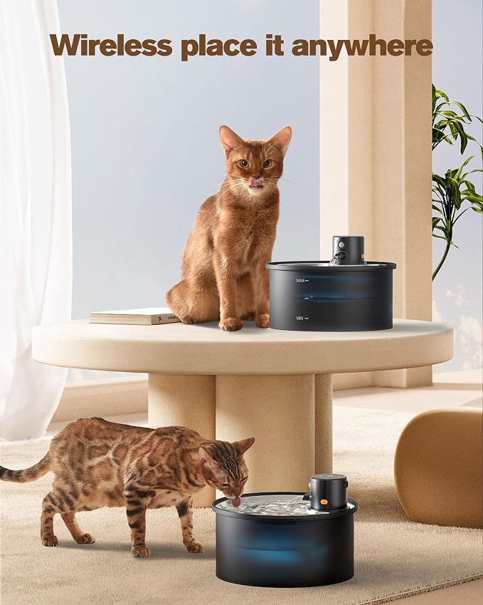 Wireless Cat Water Fountain Cordless | 108oz/3.2L Battery Operated Pet Fountain with Stainless Steel Water Tray + Plastic barrel (with 8 Filters & 8 Sponges) - Image 4