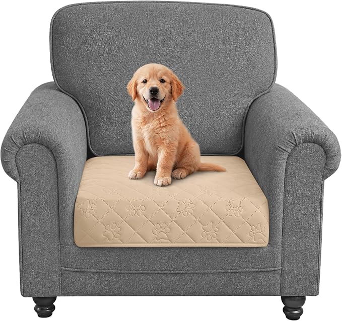 PAWFINITY Waterproof Arm Chair Covers for Dogs, Pet Blanket for Couch | Paw Print Quilted, Hair Resistant, Anti Cat Scratch, Washable Furniture Protector for Single Sofa Cushion, 30x30 Inch, Beige by Pawfinity