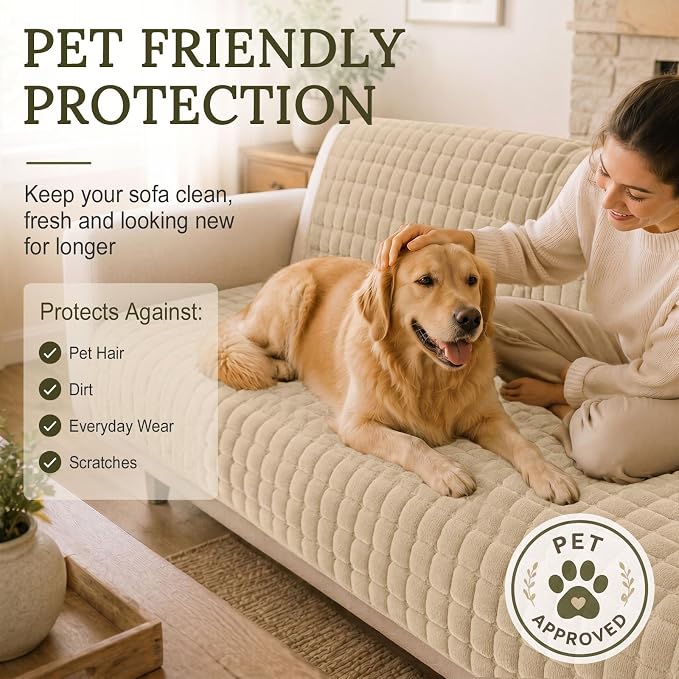 Smiry Velvet Couch Cover for Dogs, Non Slip Soft Sofa Protector for Pets | Washable Sofa Cover for Cats, Cozy Furniture Protector Against Pet Hair, Scratches, Fits Sectional Sofa(Khaki, 36"x71") - Image 6