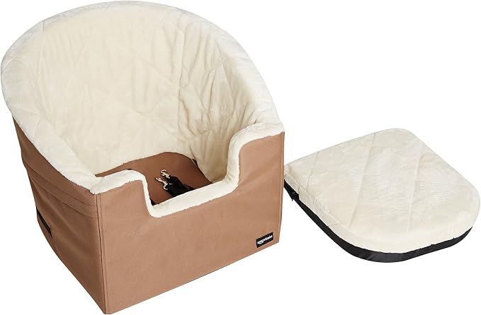 Amazon Basics Dog Car Seat Booster for Small Dogs up to 25lbs, Washable Removable Cover, Safety Leash, Elevated View for Window, 18" x 18" x 16", Tan - Image 3