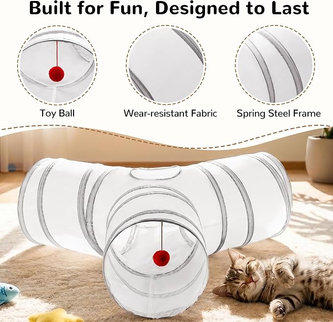 Tempcore Cat Tunnel for Indoor Cats, 3 Way Collapsible Pet Play Tunnel with Teaser Wand, Peek Holes & Hanging Ball, Interactive Tube for Kittens & Rabbits, White & Light Grey - Image 5