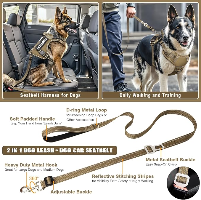 Tactical Dog Harness and Leash Set with 10 Patches for Large Dogs | Heavy Duty Adjustable No Pull Service Dog Vest for Large Dogs with Dog Seat Belt,for Training Walking Hiking Brown XL - Image 4