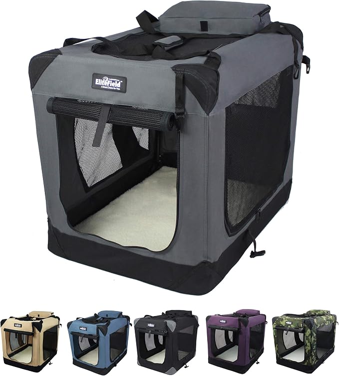 EliteField 3-Door Soft Dog Crate with Bed & Carrying Bag (2-Year Warranty) | 3 Mesh Doors, Steel Frame, Removable & Washable Crate Cover and Bed Cover, Storage Pockets, Indoor/Outdoor, Foldable by EliteField
