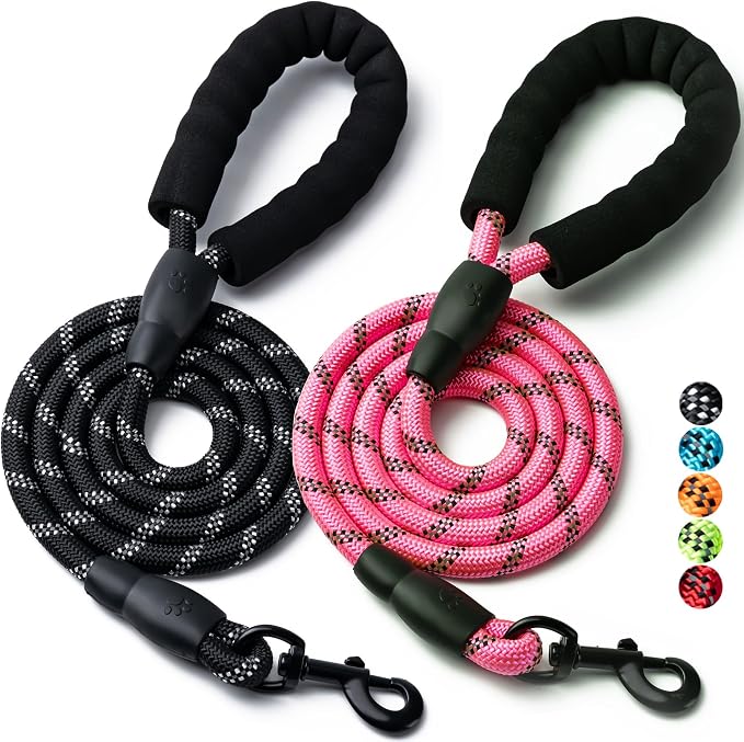 2 Pack Dog Leash, Heavy Duty Nylon Rope Pet Leashes(5FT-1/2,Black/Pink) | Comfortable Padded Handle, Anti-tangle Swivel Clip, Reflective for Night Walks and Training, Climbing Rope for Strong Pullers by BOOMIBOO