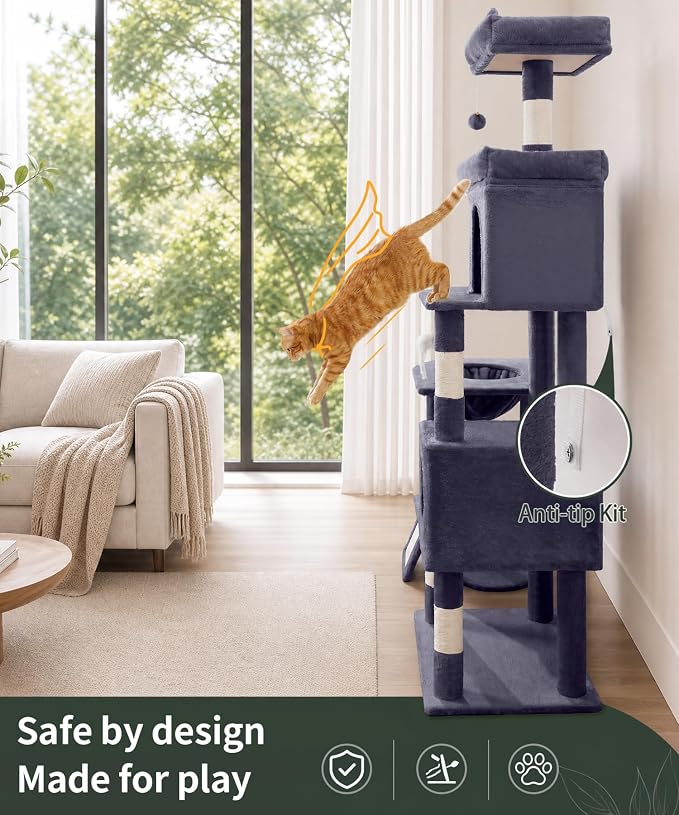 68 Inch Heavy Duty Cat Tree Tower for Indoor Cats Large Adult | Cat Tower with 2 Condos, Sisal Scratching Posts, Plush Platform & Hammock, Extra Stable Big Cat Furniture, Dark Grey - Image 6